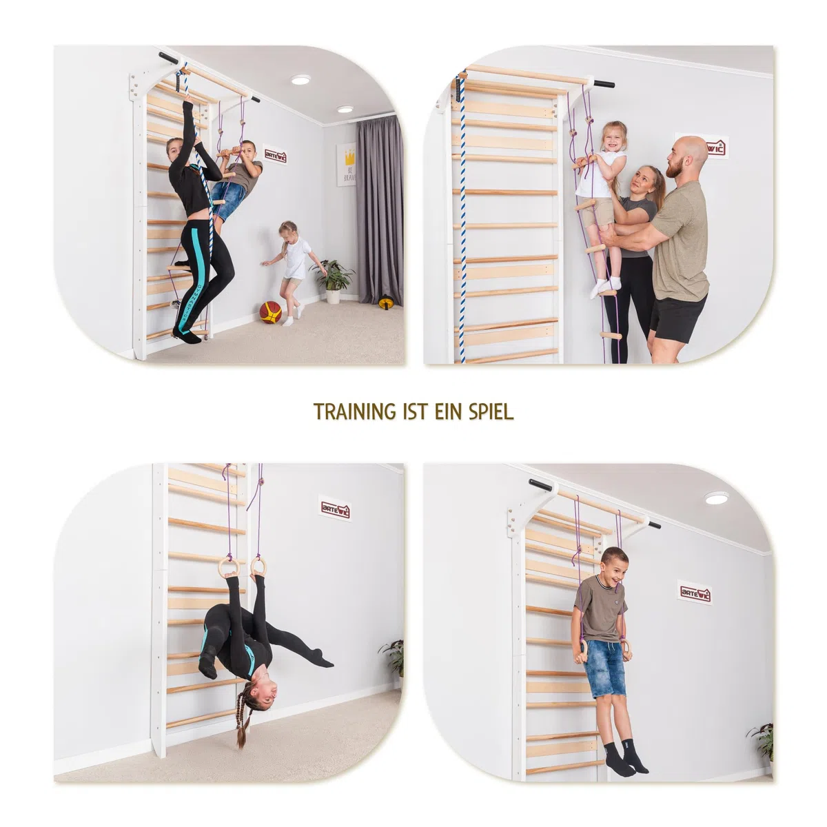 Sprossenwand Holz mit Zubehör (Ringe, Seil, Schaukel) - Indoor Klettergerüst für Kinder & Erwachsene - Turnwand massiv bis 150kg - Kletterwand für das Kinderzimmer (Weiß)