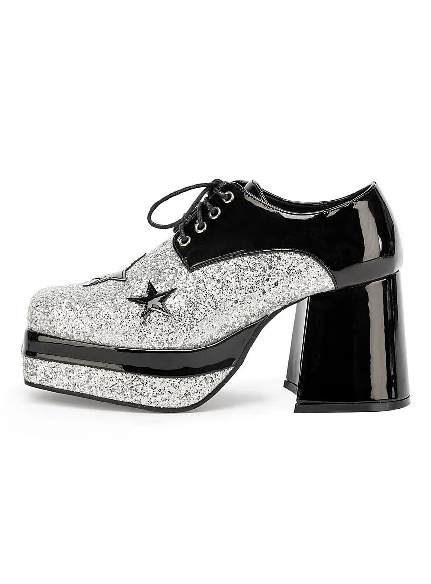 Disco Plateau-Schuhe für Herren - schwarz-Silber- Wet-Look - Schuhgröße: 42-43
