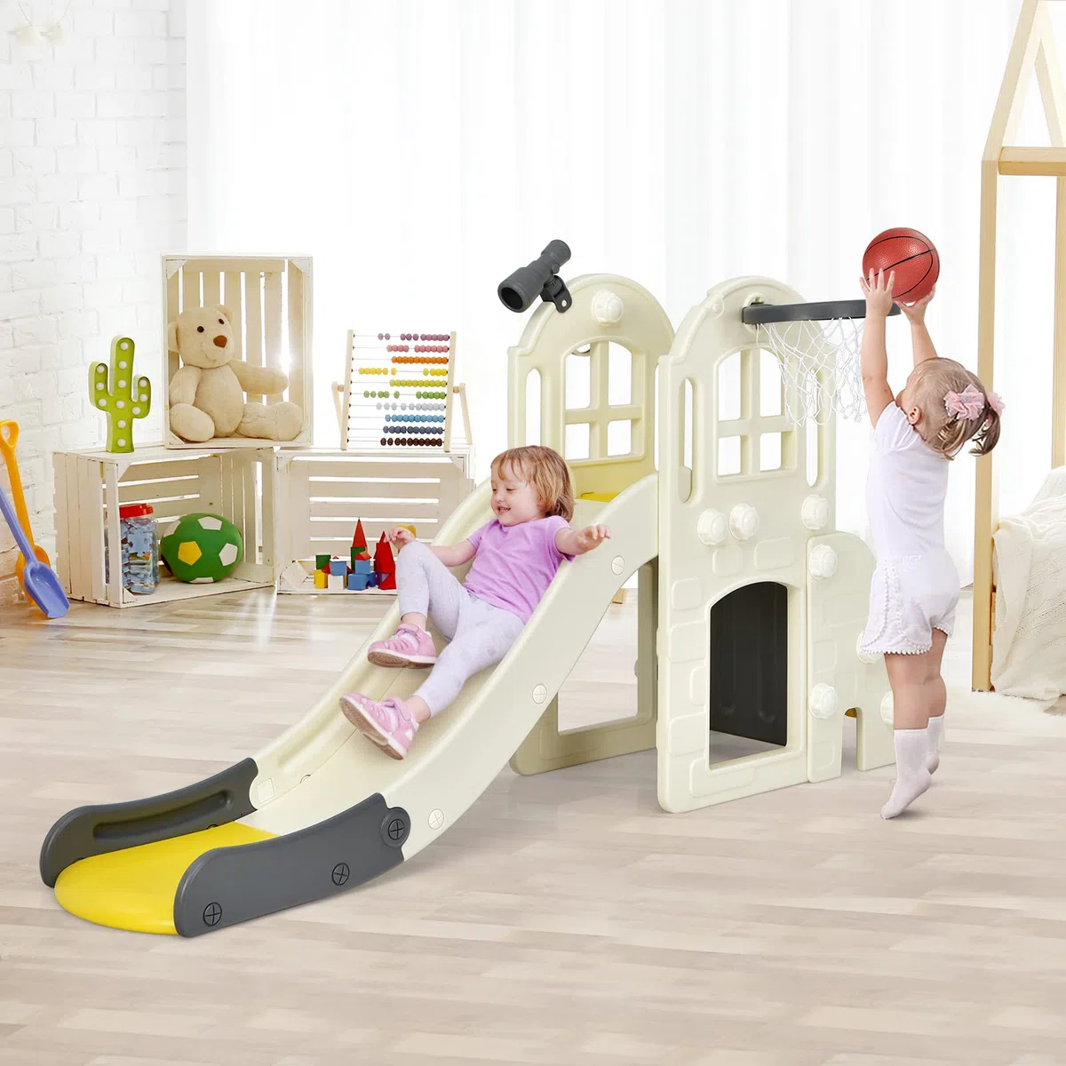 COSTWAY Kinder Rutsche, 6 in 1 Kinderrutsche & Leiter & Basketballkorb & Wurfring & Teleskop & Tunnel, Kinder Spielplatz, Rutsch Indoor Outdoor ab 3 Jahre alt (Gelb)