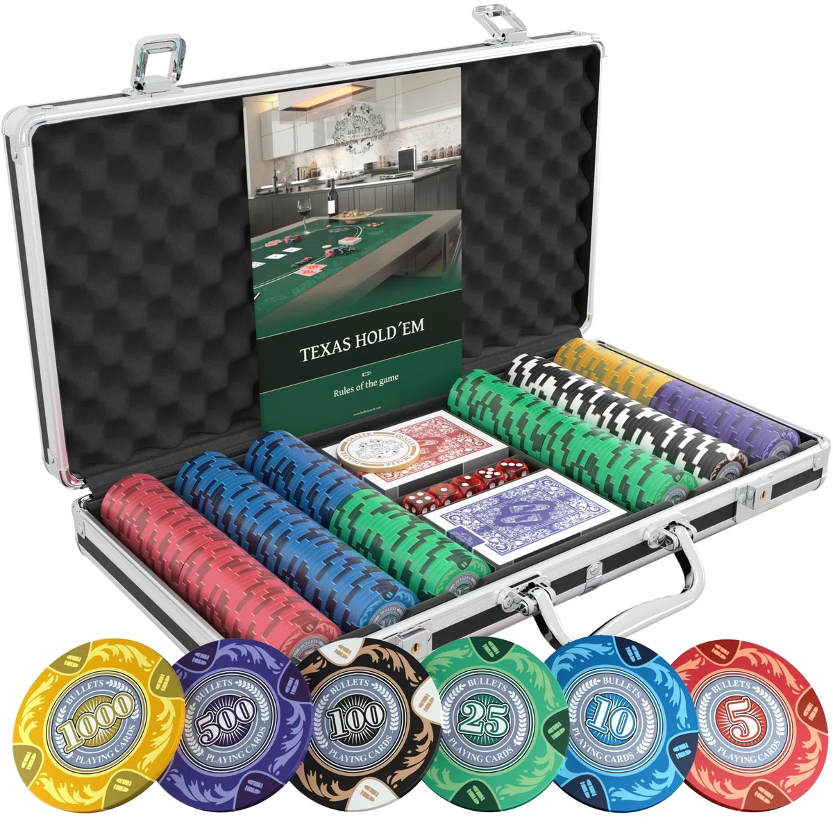 Bullets Playing Cards | Pokerkoffer „Tony“ mit 300 Clay Pokerchips 14g | Pokerset mit Karten, Würfeln, Dealer Button & Pokerregeln