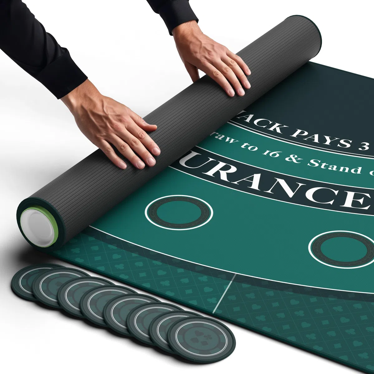 Newverest Blackjack Tischmatte 180 x 90 cm – Casino Tischauflage für Spielabende zu Hause mit Freunden | Poker- & Blackjack- Matte mit Reißverschlusstasche, 8 Untersetzer & Geschenkbox