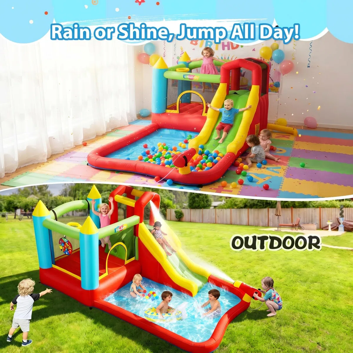 Aufblasbare Wasserrutsche Hüpfburg für Kinder, 2-in-1 Verbindbares Aufblasbares Trampolinburg-Set, Tolles Geschenk für die Gartenparty im Wasserpark, inklusive Gebläse (Verbindbare A)