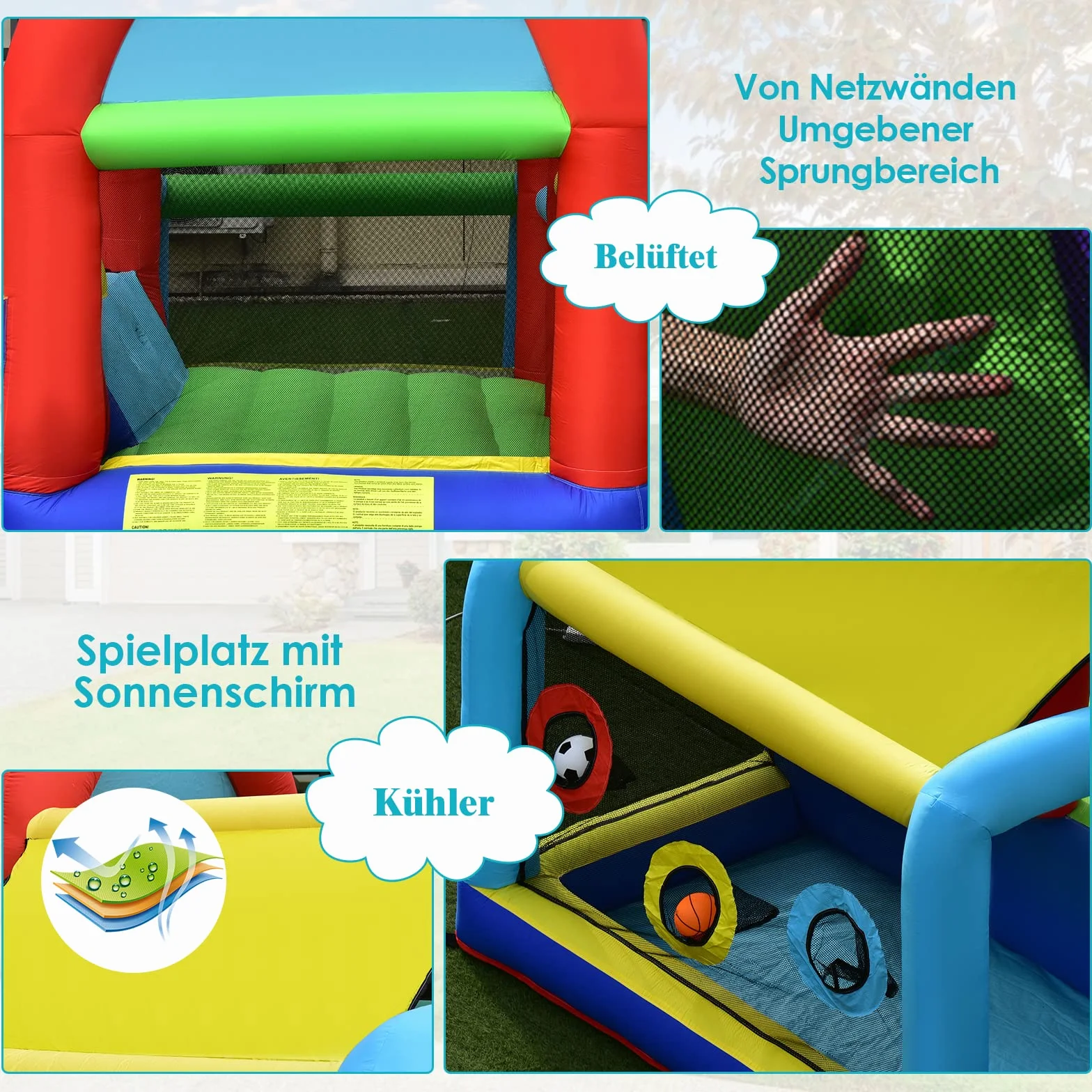 COSTWAY Hüpfburg mit Gebläse, Doppelrutschen, Sprungbereich, Kletterwand, Bällebad, Fußballtor, Basketballkorb, Zielspiel & Ringwurf, Outdoor Hüpfschloss für Kinder, 424 x 300 x 240 cm