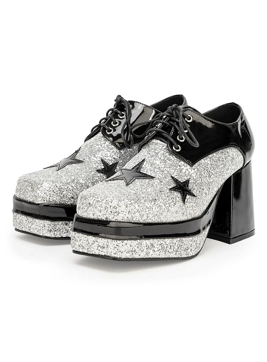 Disco Plateau-Schuhe für Herren - schwarz-Silber- Wet-Look - Schuhgröße: 42-43